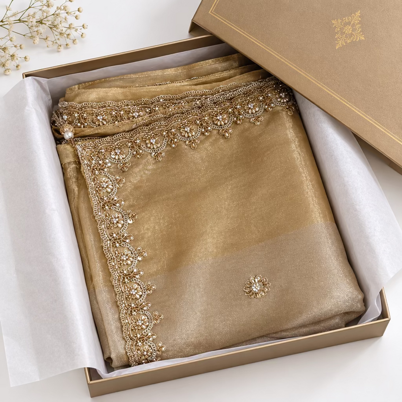Golden Designer saree with Red Blouse