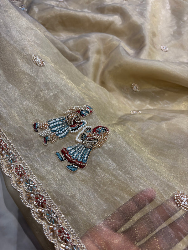 Golden Designer saree with Red Blouse