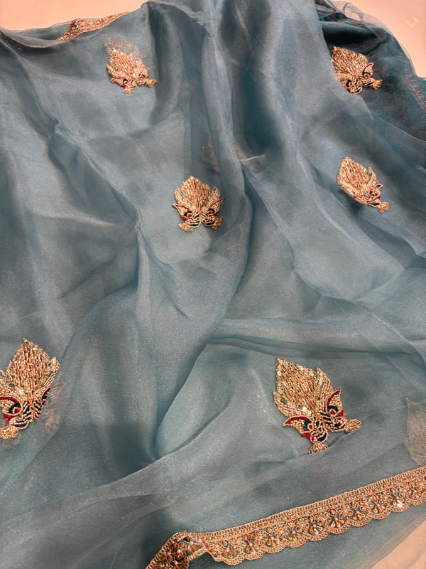 Cocktail Party Wear Designer Saree - Aqua Blue