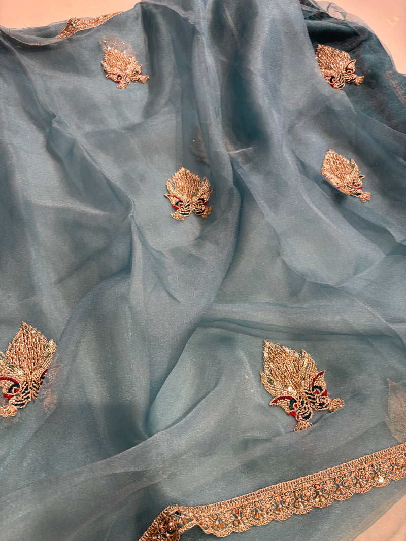Cocktail Party Wear Designer Saree - Aqua Blue