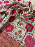 Banarasi  Pashmina silk arri work white & pink