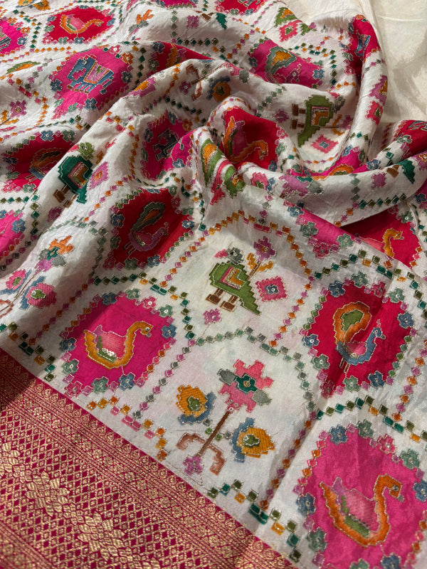 Banarasi  Pashmina silk arri work white & pink