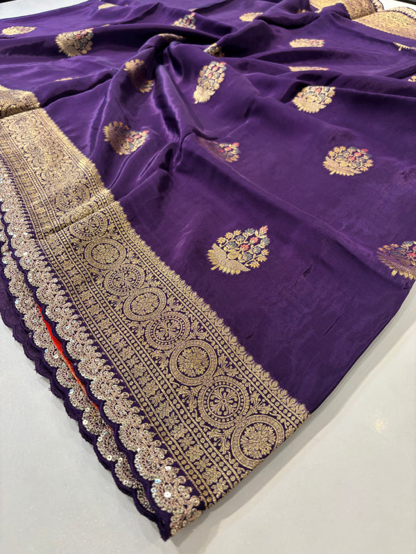 Party wear Banarasi Silk Saree with Scaloop Border -Purple