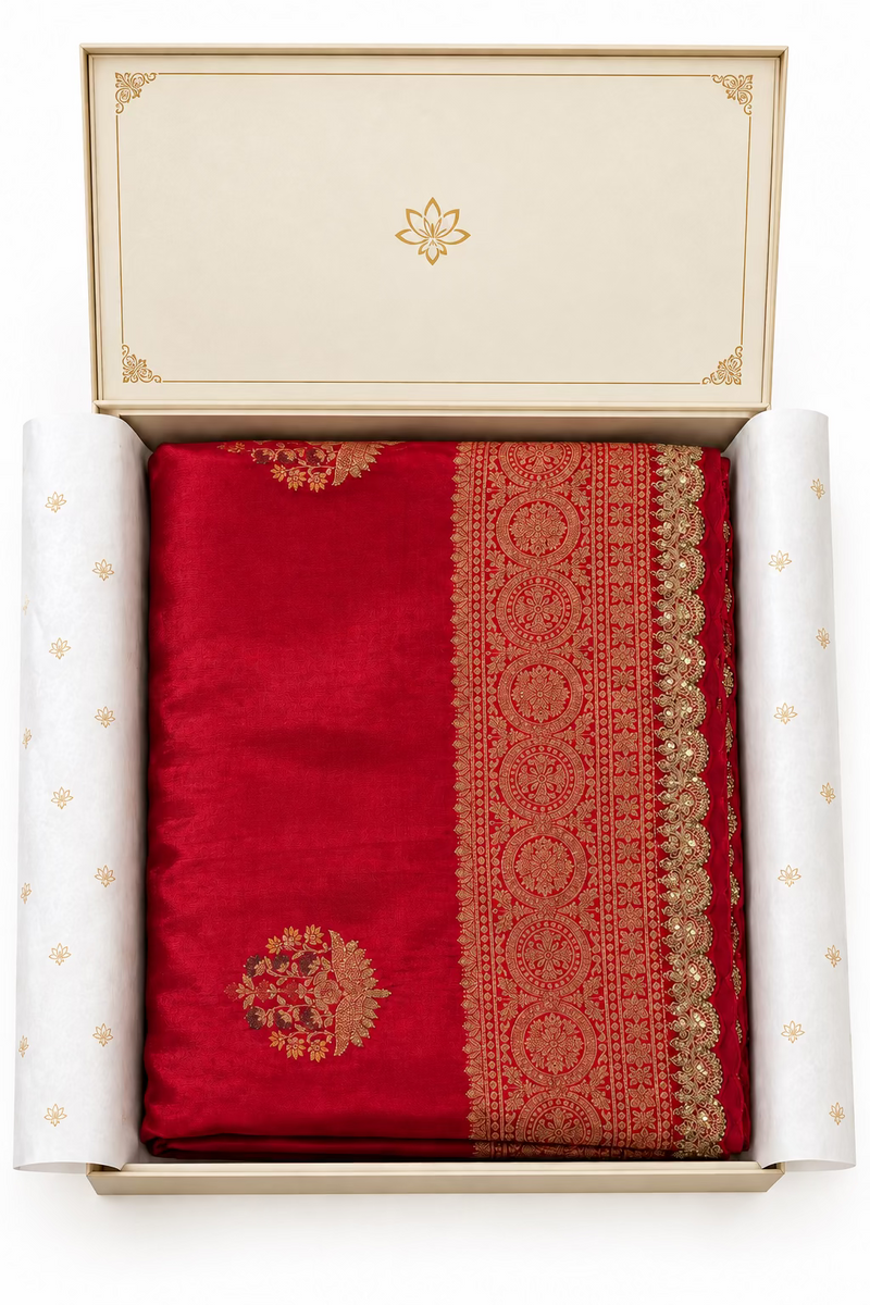 Party wear Banarasi Silk Saree with Scaloop Border -Red