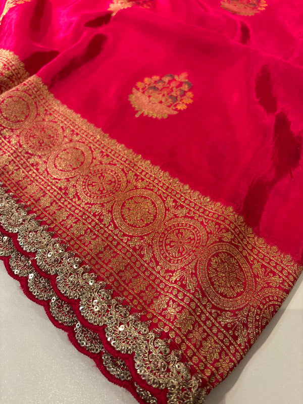 Party wear Banarasi Silk Saree with Scaloop Border -Red
