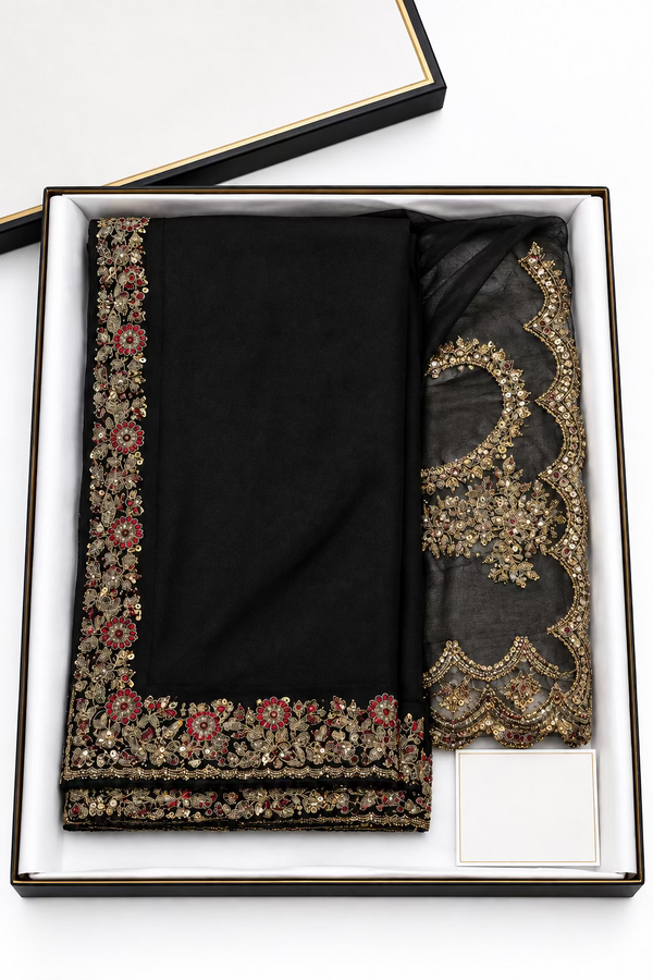 Designer Party Wear chiffon Saree - Black