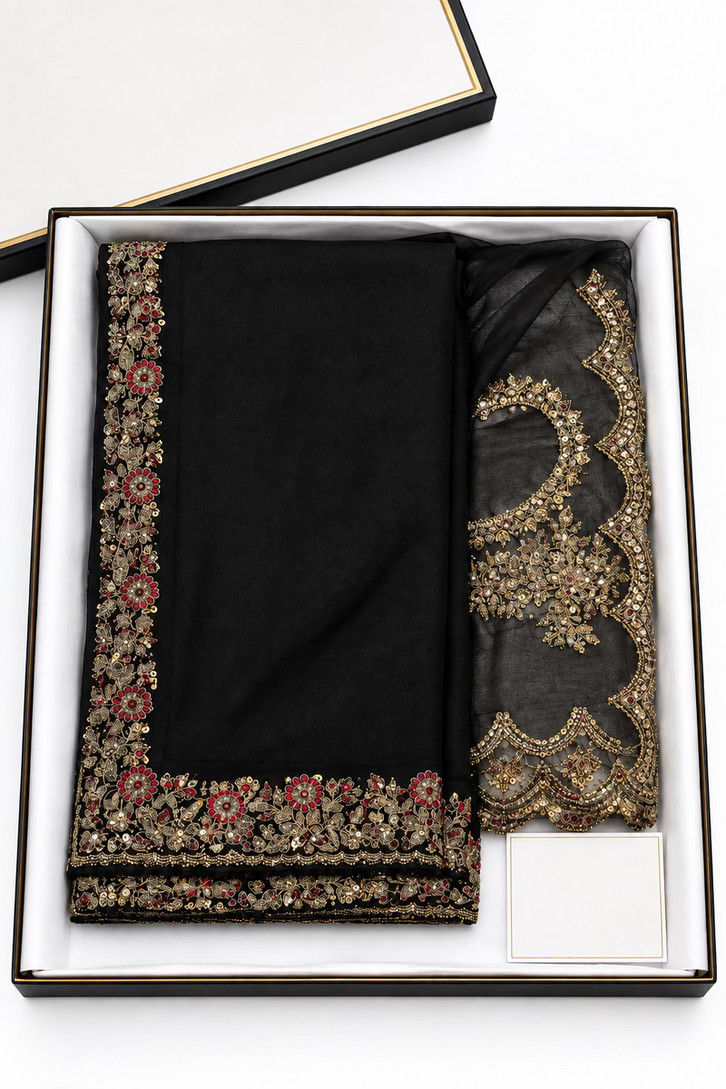 Designer Party Wear chiffon Saree - Black