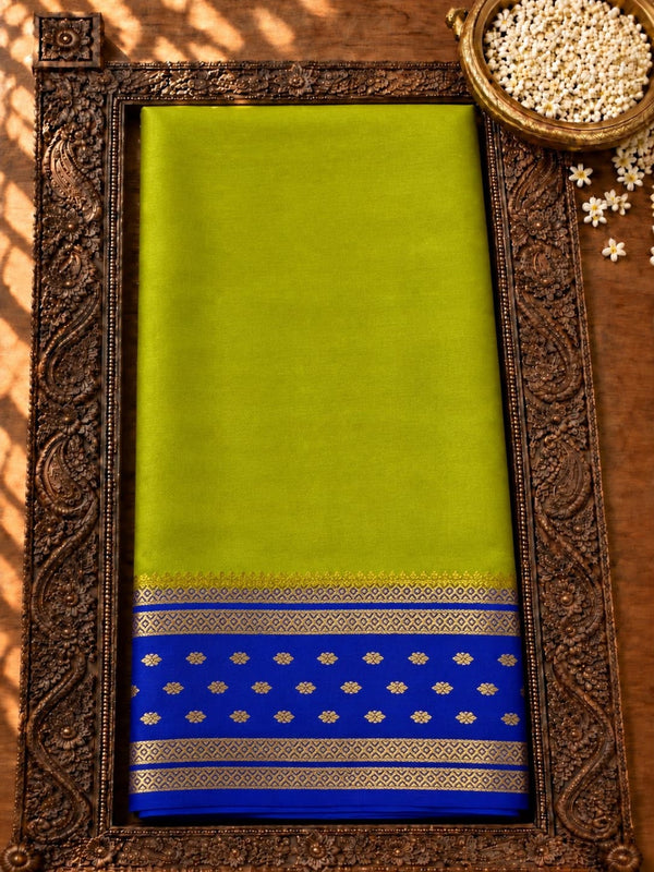 Pure Green  Mysore Silk Saree with Blue Bentex Border