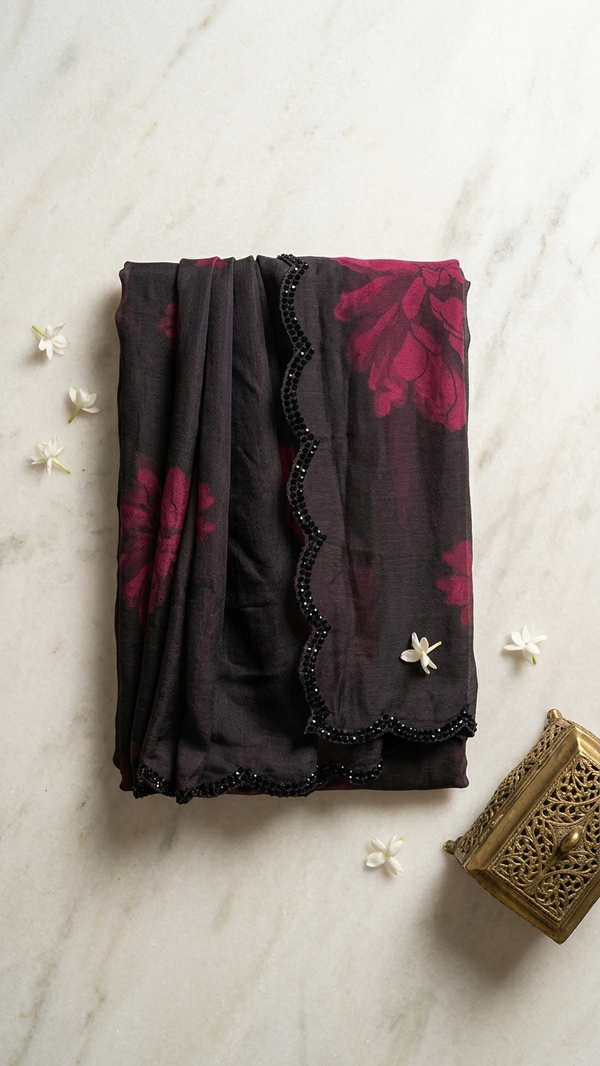 Charcoal Grey Floral Print Georgette Saree with Black Sequin Lace Border (PEACH MODE-1-F)