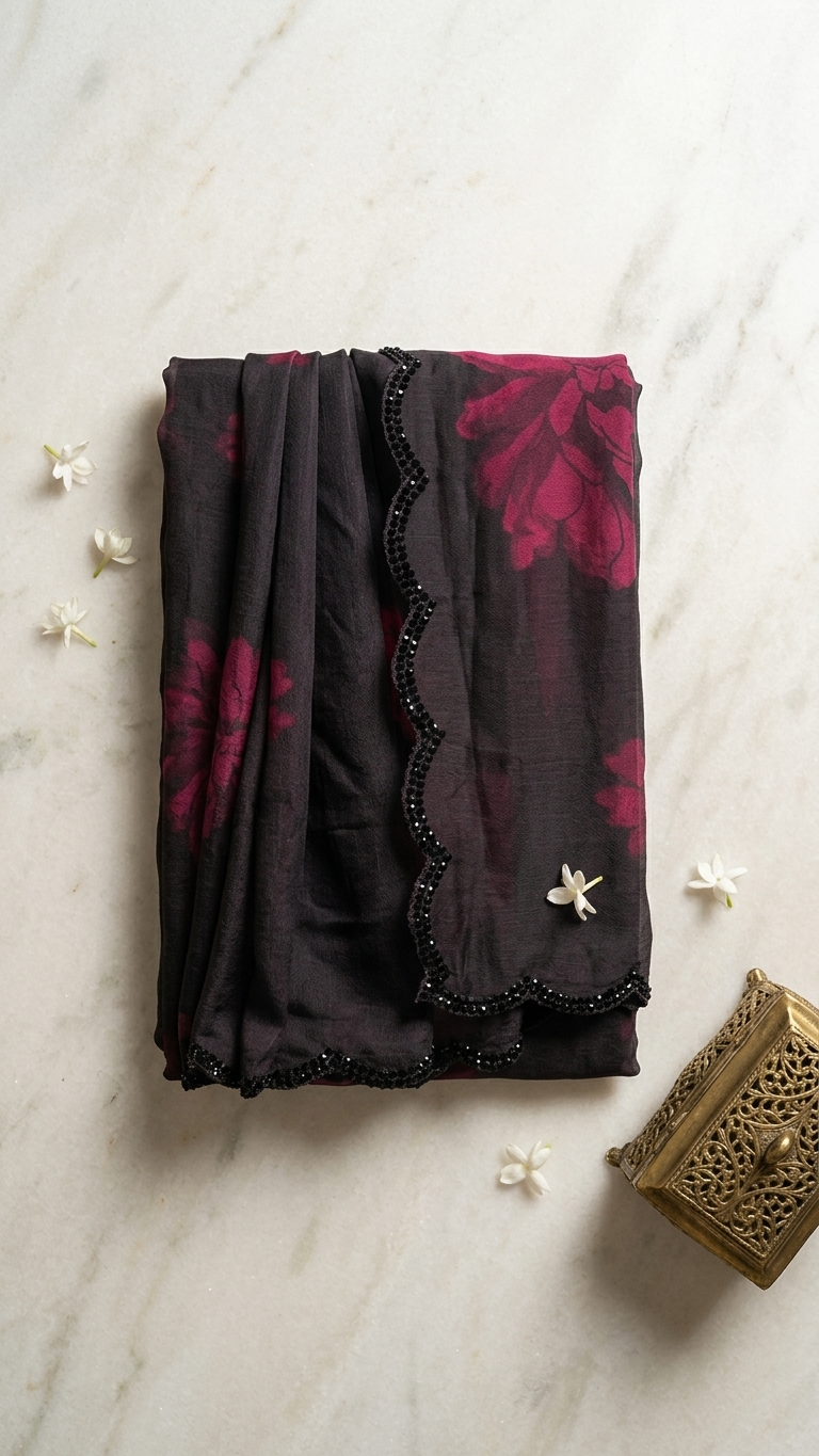 Charcoal Grey Floral Print Georgette Saree with Black Sequin Lace Border (PEACH MODE-1-F)