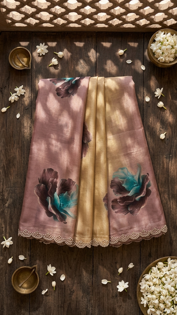 Dual-Tone Dusty Mauve to Champagne Gold Tissue Silk Saree with Teal Peony Print (SS-32026)
