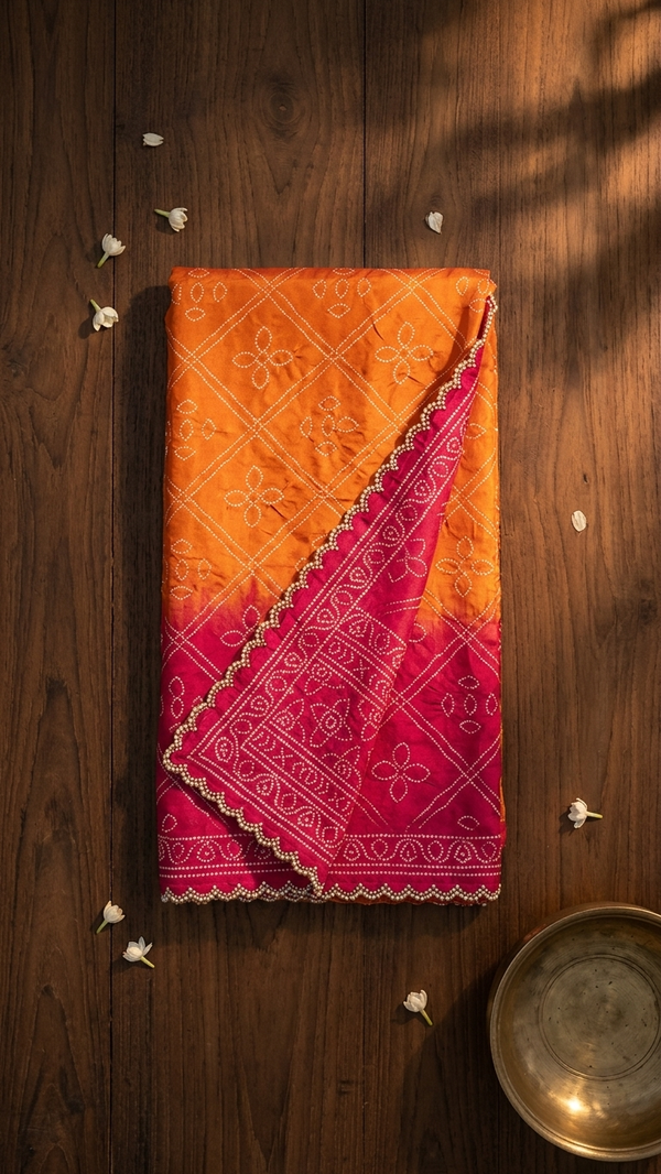 Dual-Tone Orange to Magenta Silk Bandhani Saree with Gold Scalloped Pearl Border (SS-32024)