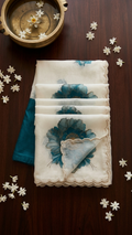 White Organza Saree with Teal Watercolour Peony Print and Gold Pearl Scalloped Border (SS-32025)