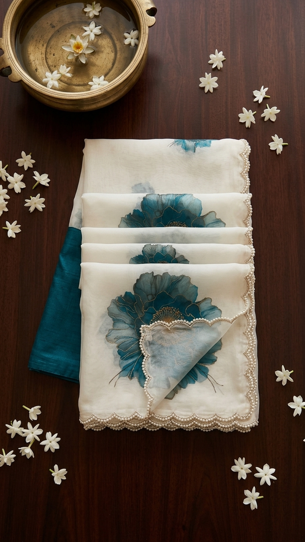 White Organza Saree with Teal Watercolour Peony Print and Gold Pearl Scalloped Border (SS-32025)