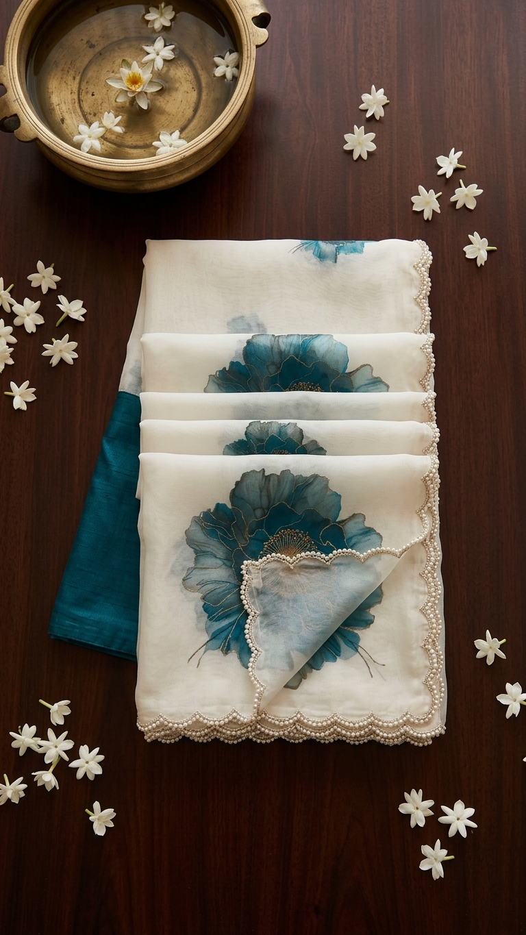 White Organza Saree with Teal Watercolour Peony Print and Gold Pearl Scalloped Border (SS-32025)