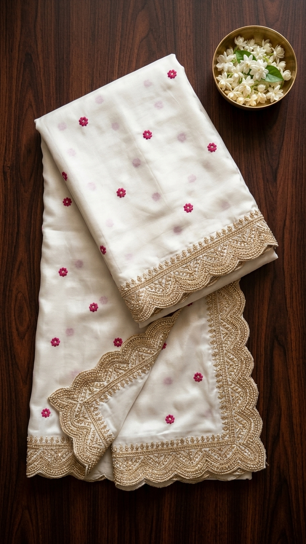 Off-White Butti Embroidered Saree with Gold Scalloped Lace Border (SS-32021)