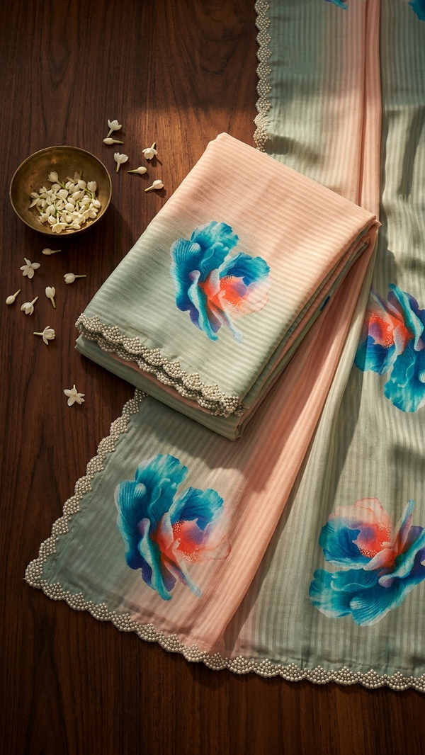 Dual-Tone Sage Green to Blush Pink Tissue Silk Saree with Teal Coral Floral Print (SS-32027)