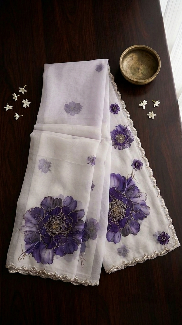 White Organza Saree with Purple Peony Floral Print and Silver Scalloped Border (SS-32022)