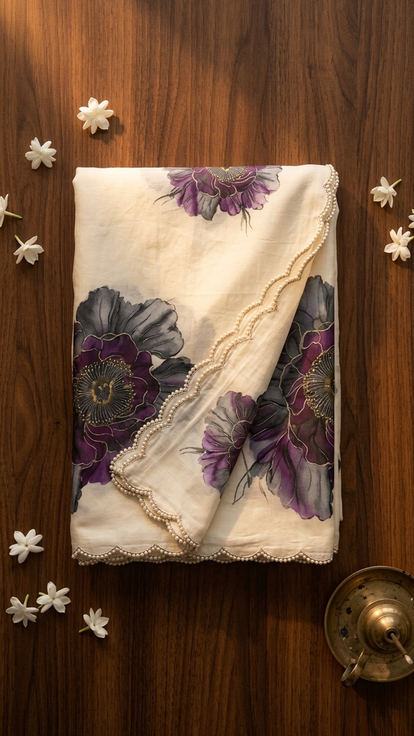 White Organza Saree with Grey Purple Peony Floral Print and Pearl Scalloped Border (SS-32023)
