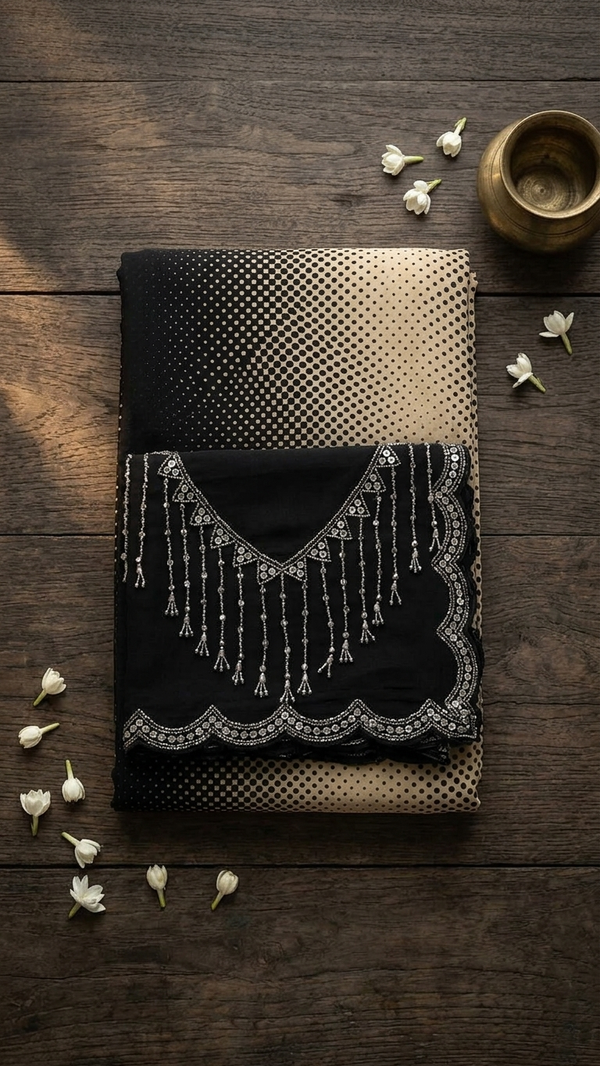 Dual-Tone Black to Champagne Gold Georgette Saree with Halftone Dot Print (SS-32028)