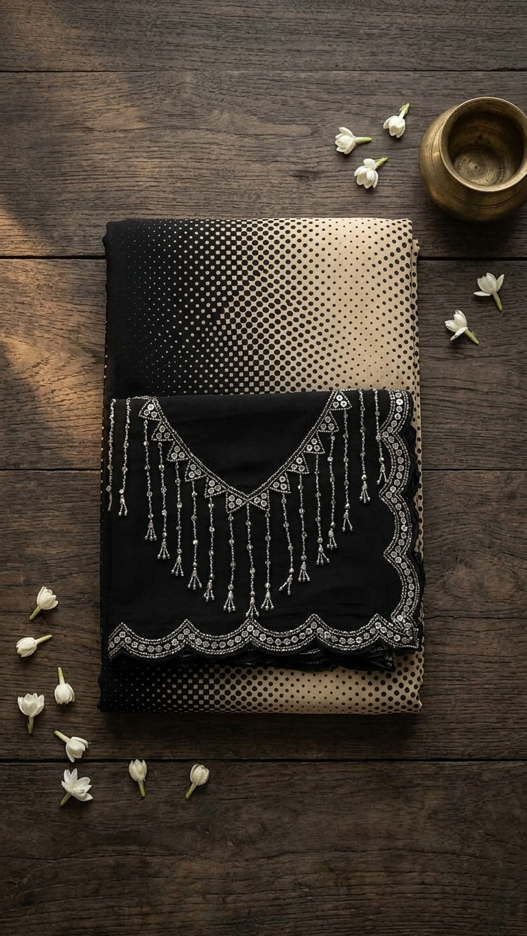 Dual-Tone Black to Champagne Gold Georgette Saree with Halftone Dot Print (SS-32028)