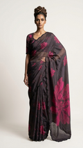 Charcoal Grey Floral Print Georgette Saree with Black Sequin Lace Border (PEACH MODE-1-F)