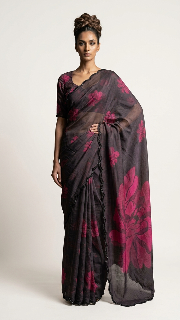 Charcoal Grey Floral Print Georgette Saree with Black Sequin Lace Border (PEACH MODE-1-F)