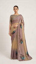 Dual-Tone Dusty Mauve to Champagne Gold Tissue Silk Saree with Teal Peony Print (SS-32026)