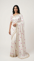 Off-White Butti Embroidered Saree with Gold Scalloped Lace Border (SS-32021)