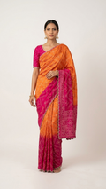 Dual-Tone Orange to Magenta Silk Bandhani Saree with Gold Scalloped Pearl Border (SS-32024)