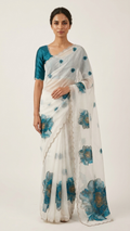 White Organza Saree with Teal Watercolour Peony Print and Gold Pearl Scalloped Border (SS-32025)