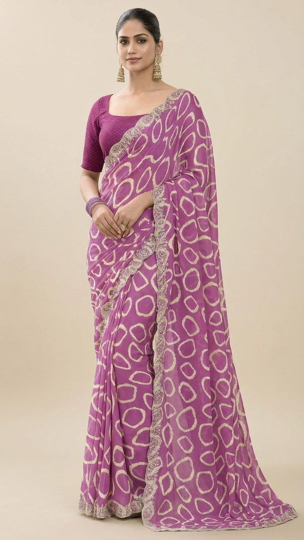 Bandhani Print Georgette Saree with Gold Lace Border (41676)