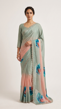 Dual-Tone Sage Green to Blush Pink Tissue Silk Saree with Teal Coral Floral Print (SS-32027)