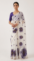 White Organza Saree with Purple Peony Floral Print and Silver Scalloped Border (SS-32022)