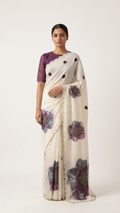 White Organza Saree with Grey Purple Peony Floral Print and Pearl Scalloped Border (SS-32023)