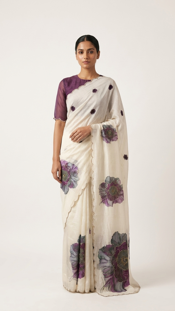 White Organza Saree with Grey Purple Peony Floral Print and Pearl Scalloped Border (SS-32023)