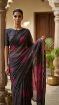 Charcoal Grey Floral Print Georgette Saree with Black Sequin Lace Border (PEACH MODE-1-F)