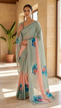 Dual-Tone Sage Green to Blush Pink Tissue Silk Saree with Teal Coral Floral Print (SS-32027)