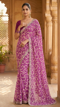 Bandhani Print Georgette Saree with Gold Lace Border (41676)