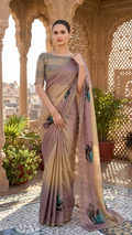 Dual-Tone Dusty Mauve to Champagne Gold Tissue Silk Saree with Teal Peony Print (SS-32026)