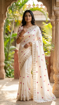 Off-White Butti Embroidered Saree with Gold Scalloped Lace Border (SS-32021)