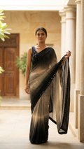 Dual-Tone Black to Champagne Gold Georgette Saree with Halftone Dot Print (SS-32028)