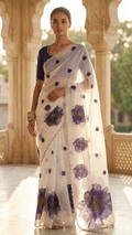 White Organza Saree with Purple Peony Floral Print and Silver Scalloped Border (SS-32022)