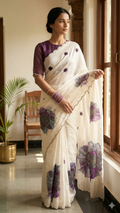White Organza Saree with Grey Purple Peony Floral Print and Pearl Scalloped Border (SS-32023)