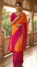 Dual-Tone Orange to Magenta Silk Bandhani Saree with Gold Scalloped Pearl Border (SS-32024)