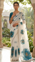 White Organza Saree with Teal Watercolour Peony Print and Gold Pearl Scalloped Border (SS-32025)