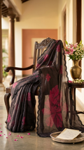Charcoal Grey Floral Print Georgette Saree with Black Sequin Lace Border (PEACH MODE-1-F)