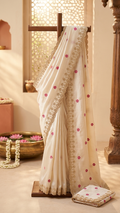 Off-White Butti Embroidered Saree with Gold Scalloped Lace Border (SS-32021)