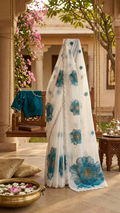White Organza Saree with Teal Watercolour Peony Print and Gold Pearl Scalloped Border (SS-32025)