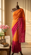 Dual-Tone Orange to Magenta Silk Bandhani Saree with Gold Scalloped Pearl Border (SS-32024)
